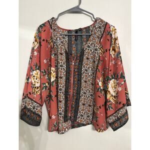Boho Mixed Print Blouse | Floral + Border Print | Bell Sleeve Top - Size M/L